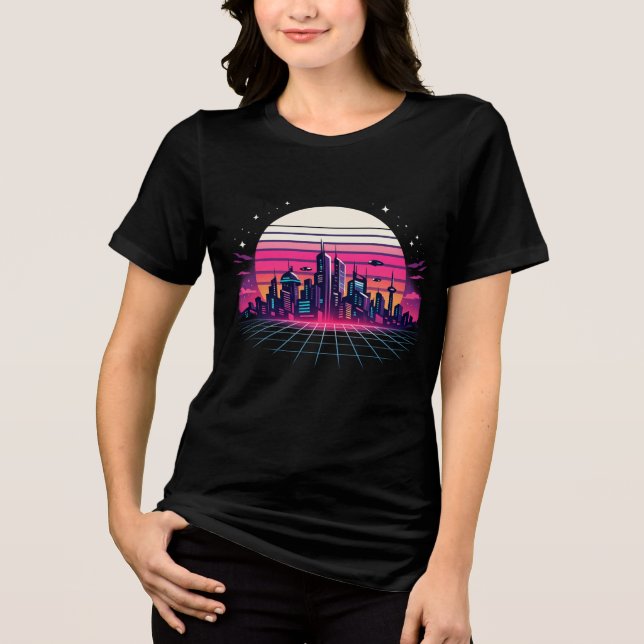 Camiseta Triblenda Retro Futuristic Cityscape Vaporwave Sunset Neon S (Anverso)