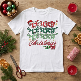 Camiseta Triblenda Retro Merry Merry Merry Christmas Groovy Typograph