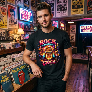 Camiseta Triblenda Retro Rock Around the Clock de los 50 Neón Jukebox