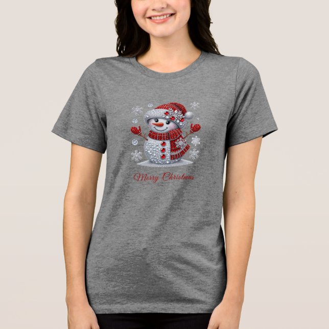 Camiseta Triblenda Rhinestones Snowman Holiday Women's (Anverso)