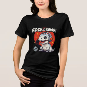 Camiseta Triblenda ¡Rock y Rawr! Dinosaurio lindo con auriculares ret
