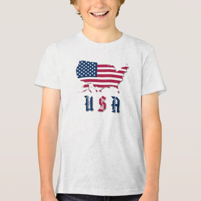 Camiseta Triblenda Rojo, blanco y azul "USA", mapa y bandera de Estad (Anverso)