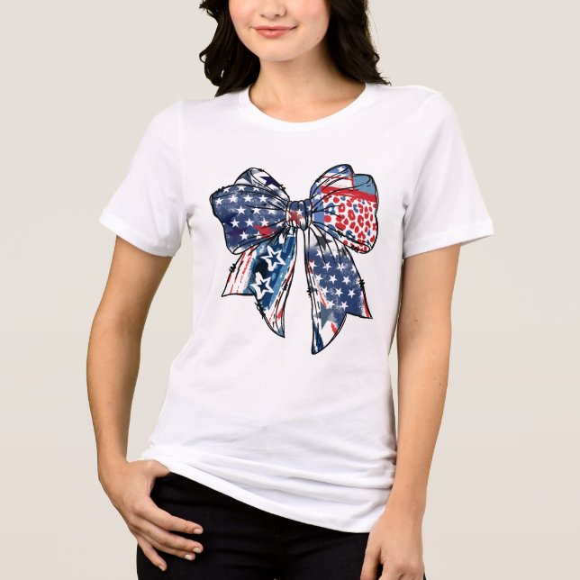 Camiseta Triblenda Rojo patriótico, blanco y azul Bow 4 de julio (Anverso)