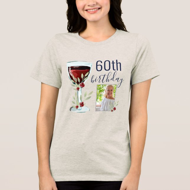 Camiseta Triblenda Rosa de vino rojo acuarela foto 60 cumpleaños (Anverso)