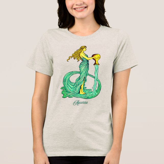 Camiseta Triblenda Rótulo Aquarius Zodiac, mujer con agua dulce (Anverso)