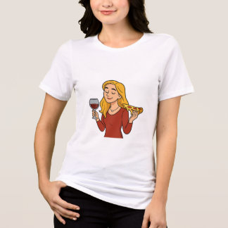 Camiseta Triblenda Rubia disfrutando del vino y la pizza