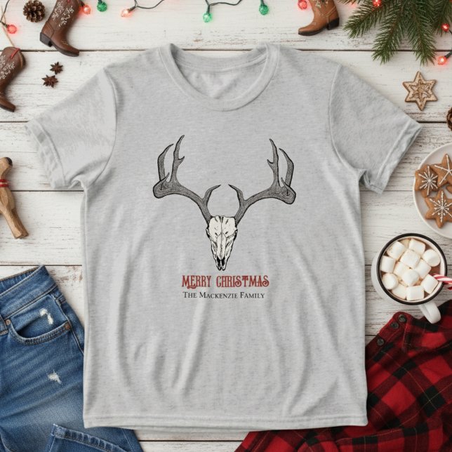 Camiseta Triblenda Rústica cabeza de ciervo de renos crían ánimos (Country Kids Merry Christmas T-Shirt. Modern Country Reindeer Skull & Antlers Illustration)