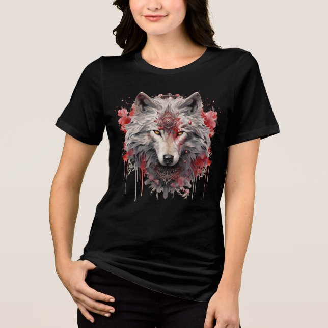 Camiseta Triblenda Sacred White Wolf – Ornate Red Mystic Art (Anverso)