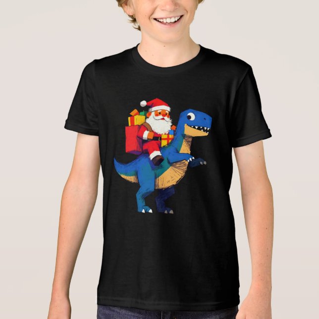 Camiseta Triblenda Santa Riding Dinosaur T Rex Funny Christmas  (Anverso)