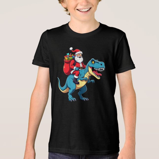 Camiseta Triblenda Santa Riding Dinosaur T Rex Funny Christmas  (Anverso)