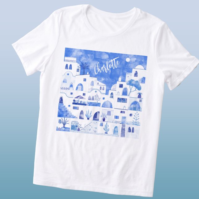 Camiseta Triblenda Santorini Watercolor Personalizado (Santorini Oia Greek island blue and white watercolor art personalized name triblend t-shirt)