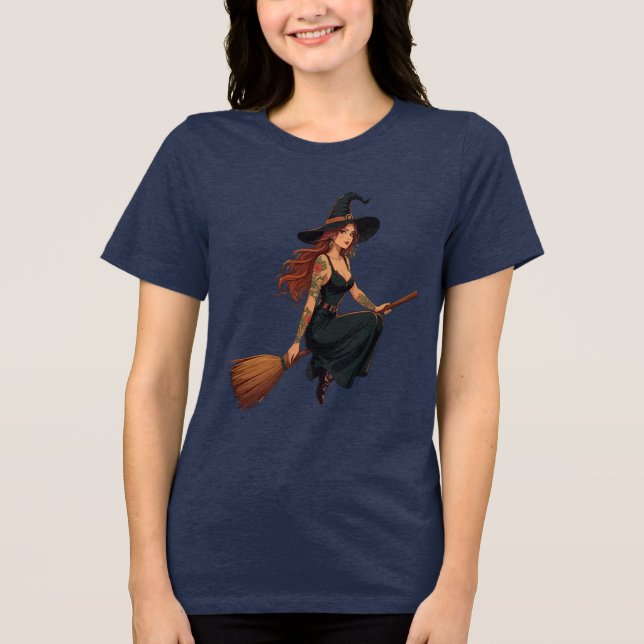 Camiseta Triblenda Sat De Bruja Tatuada Astride A Besom Vector Art (Anverso)