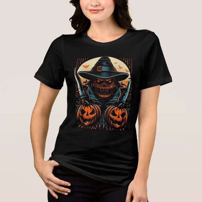 Camiseta Triblenda Scary Pumpkin Scarecrow & Knives Halloween Killer (Anverso)