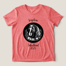 Camiseta Triblenda Schulkind 2026 - Pferd mit Blumen - schwarz weiß |