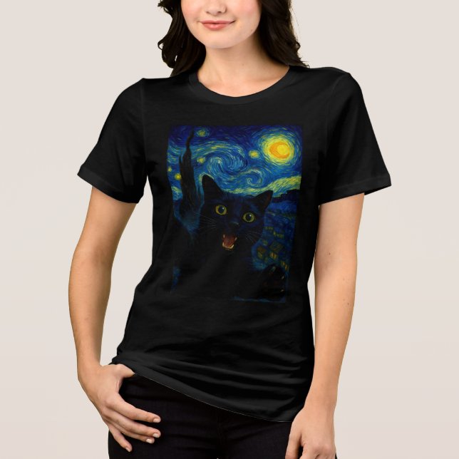 Camiseta Triblenda Selfie del gato negro estrellado de la noche Van G (Anverso)