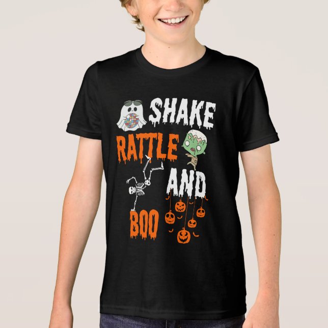 Camiseta Triblenda Shake, Rattle, Boo Skeleton Zombie Fun Halloween (Anverso)