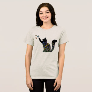Camiseta Triblenda Silueta de gato de flor silvestre mariposa