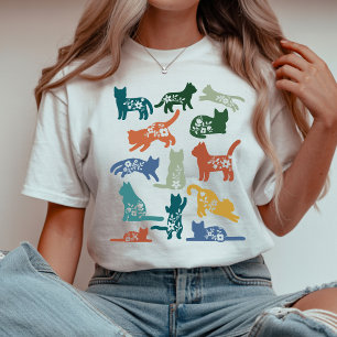 Camiseta Triblenda Silueta de gato floral Amante de gatos botánicos