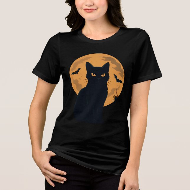 Camiseta Triblenda Siluyente silueta de gato negro Halloween Gato gót (Anverso)