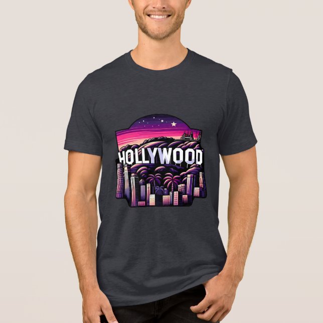 Camiseta Triblenda Skyline de Hollywood | Retro Neon Cityscape Art (Anverso)