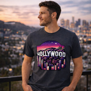 Camiseta Triblenda Skyline de Hollywood   Retro Neon Cityscape Art