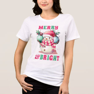 Camiseta Triblenda Snowman, Navidades rosados brillantes y merry
