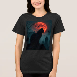 Camiseta Triblenda Sombrío gato en la azotea bajo la luna de sangre