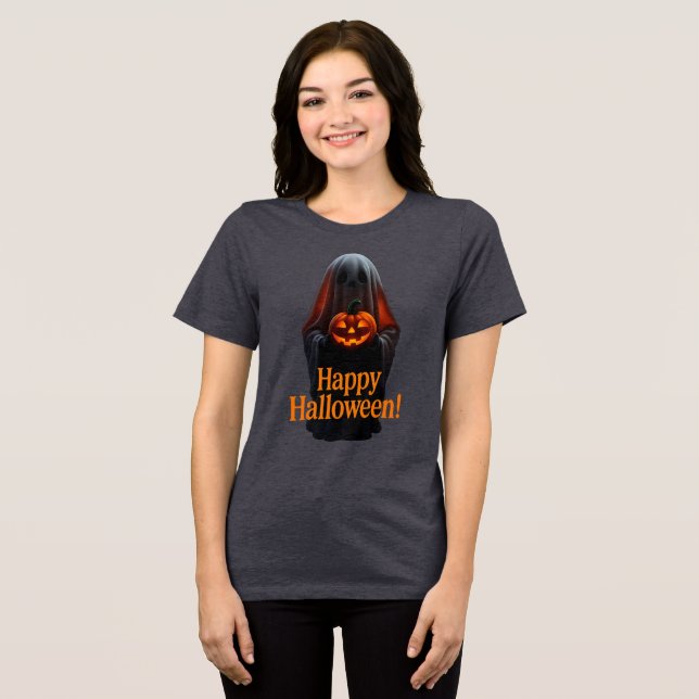 Camiseta Triblenda Spooky Ghost with Pumpkin – Happy Halloween  (Anverso Completo )
