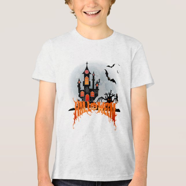 Camiseta Triblenda Spooky Haunted Castle Halloween Youth Bats Trick  (Anverso)