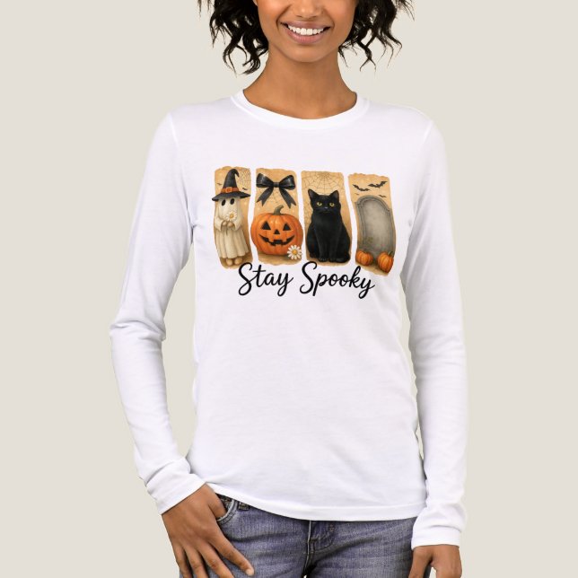Camiseta Triblenda "Stay Spooky" Cepillo de Halloween Stroke Cat Wome (Anverso)