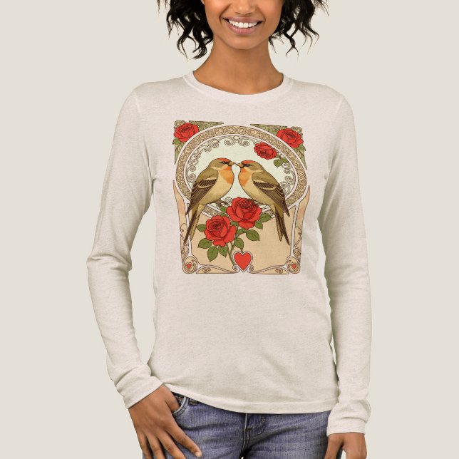 Camiseta Triblenda Stylized Birds and Red Roses Art Nouveau (Anverso)