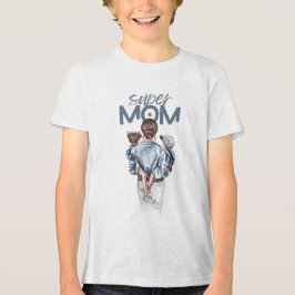 Camiseta Triblenda Super Mom Blue Watercolor Mother and Children Art