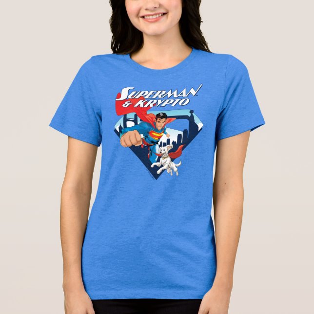 Camiseta Triblenda Superman y Krypto Soar (Anverso)