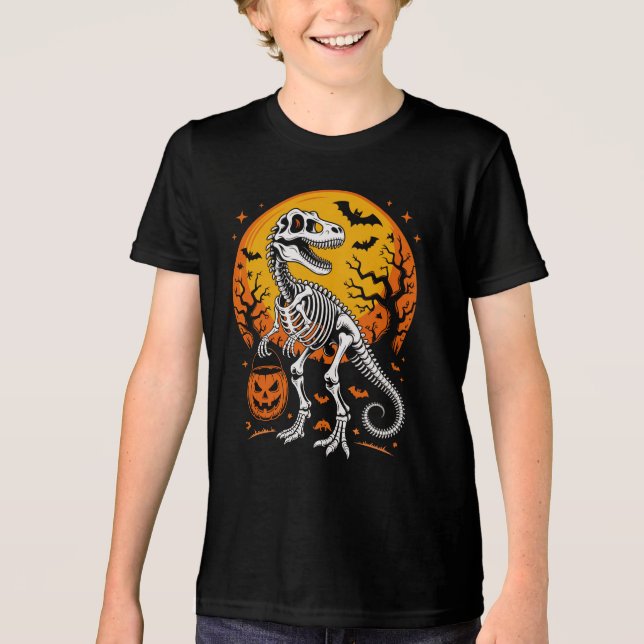 Camiseta Triblenda T-Rex Skeleton Halloween Calabaza Y Bats (Anverso)