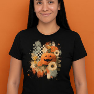 Camiseta Triblenda Tablero de cuadros de Halloween de calabaza retro