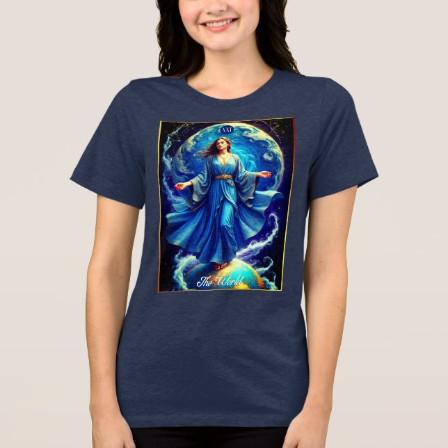 Camiseta Triblenda Tarjeta Tarot, el mundo, en azul profundo (Anverso)