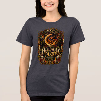 Camiseta Triblenda Tarot de Halloween Vintage Luna Mística y Gato Neg