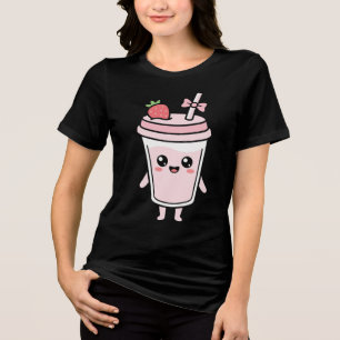 Camiseta Triblenda Taza de leche de fresa Kawaii linda sonriendo past