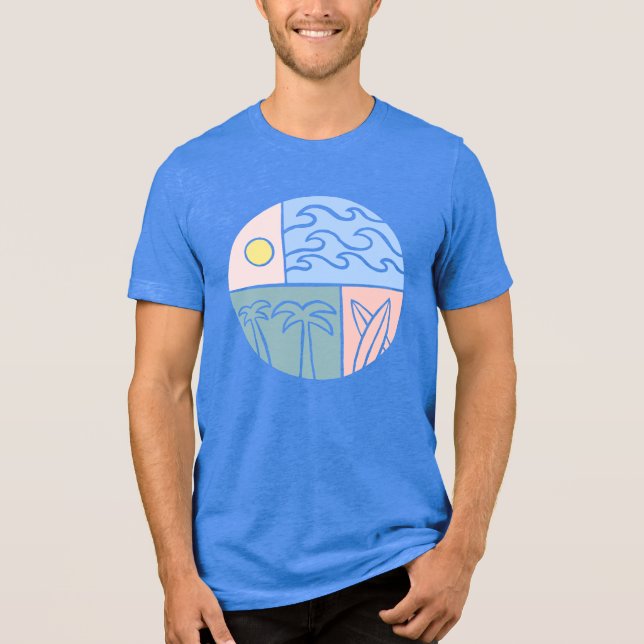 Camiseta Triblenda Tee gráfico de Paisaje Costero - Sol, Surf y Palm (Anverso)
