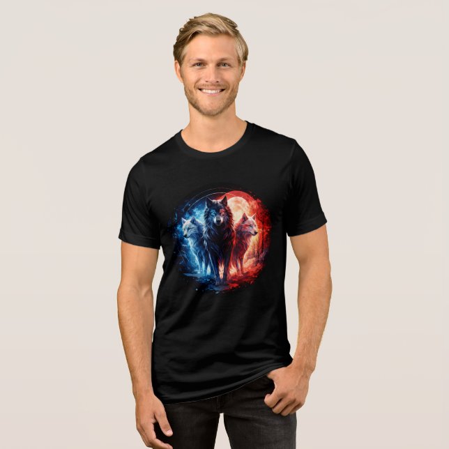 Camiseta Triblenda Three Elemental Wolves Under Full Moon (Anverso Completo)
