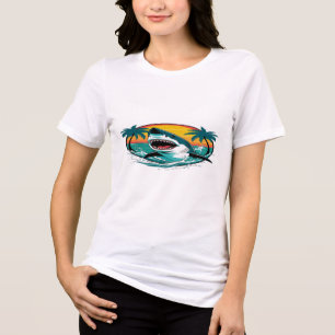 Camiseta Triblenda Tiburón Gracioso Con Palmeras Y Bebidas De Playa P
