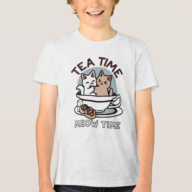Camiseta Triblenda Tiempo de embutido de té - Diseño de gato y té lin (Anverso)