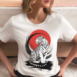 Camiseta Triblenda Tigre Blanco con Arte del Sol Rojo 