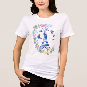 Camiseta Triblenda Torre Eiffel Mariposa Azul Floral París Estético