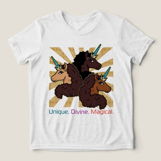 Camiseta Triblenda Trío Afro Unicornio: único, divino y mágico (Diseño delantero )