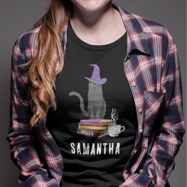 Camiseta Triblenda Truco o trato a gatos negros modernos mujeres Hall (Witches Halloween Custom Womens Black T-Shirt)