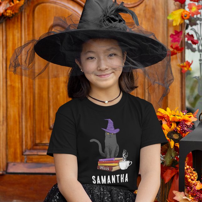 Camiseta Triblenda Truco o trato a un gato negro moderno Personalizad (Fall Halloween Black Cat Witch Custom T-Shirt)