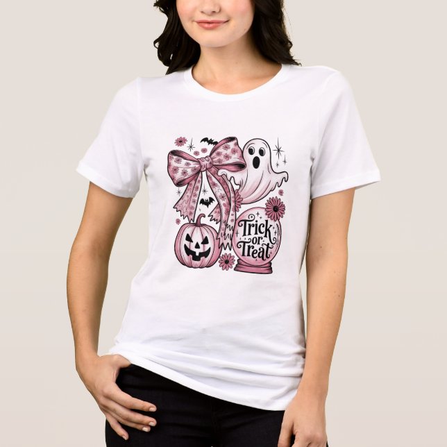 Camiseta Triblenda Truco o trato rosado - Fantasma, calabaza (Anverso)