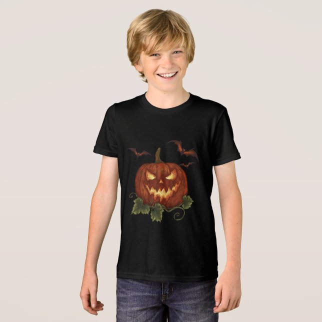 Camiseta Triblenda Una gran calabaza con ojos y murciélagos brillante (Anverso Completo)