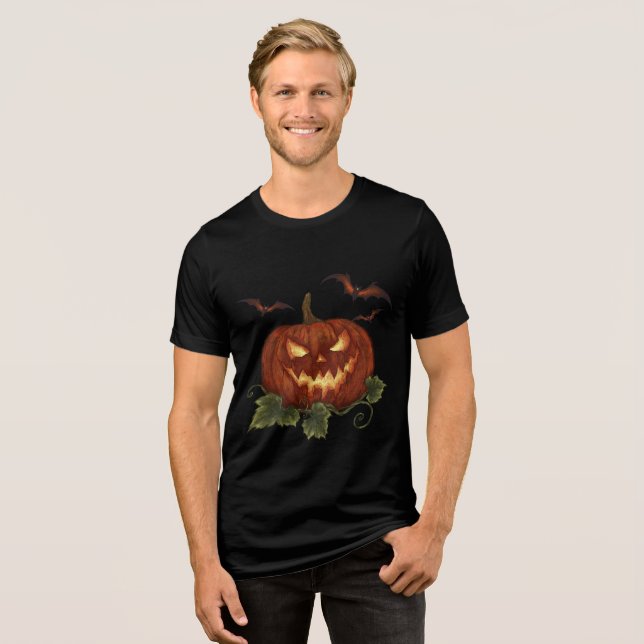 Camiseta Triblenda Una gran calabaza con ojos y murciélagos brillante (Anverso Completo)
